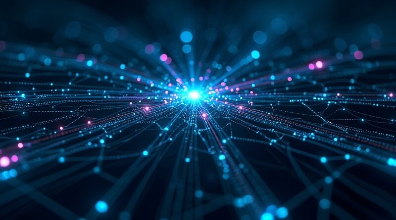 Futurystyczna sieć danych w odcieniach błękitu i zieleni, symbolizująca szybkie indeksowanie kodu.