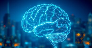 Eteryczny mózg z kodu, pulsujący światłem, symbolizuje dynamiczne odkrywanie kontekstu w AI.