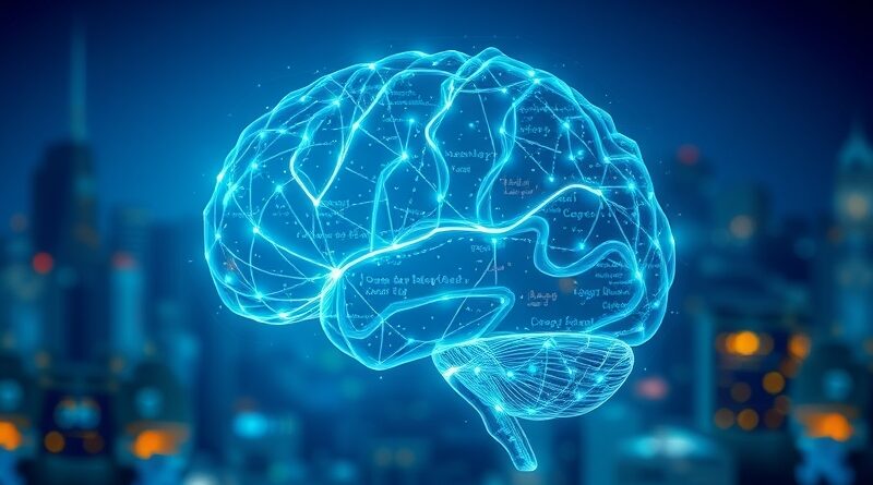 Eteryczny mózg z kodu, pulsujący światłem, symbolizuje dynamiczne odkrywanie kontekstu w AI.