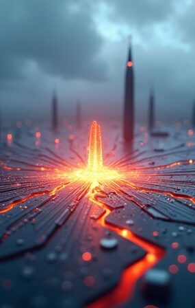 Pęknięty krzemowy wafer z obwodami jak miasta, tłem są rakiety i chmury, symbol geopolitycznych napięć i AI.