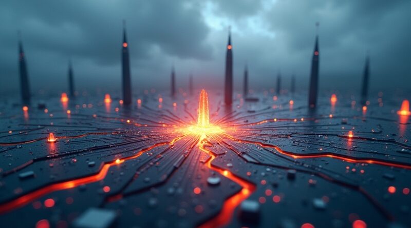 Pęknięty krzemowy wafer z obwodami jak miasta, tłem są rakiety i chmury, symbol geopolitycznych napięć i AI.