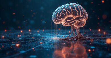 Abstrakcyjna wizja uczenia AI przez interakcję ze złożonym środowiskiem, w stylu grafiki DeepMind.