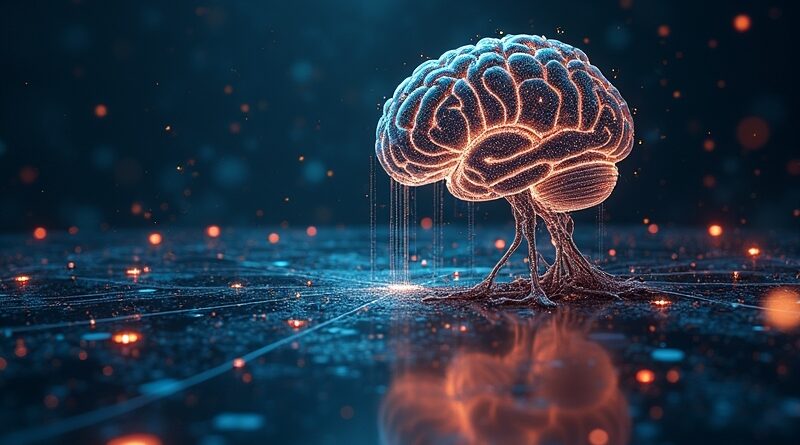 Abstrakcyjna wizja uczenia AI przez interakcję ze złożonym środowiskiem, w stylu grafiki DeepMind.