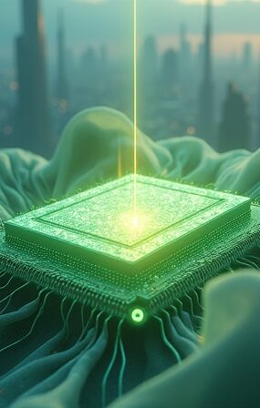 Mikrochip spowity jedwabiem z chińskimi motywami, na tle futurystycznego miasta, symbol zależności AI od krzemu.