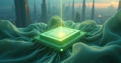 Mikrochip spowity jedwabiem z chińskimi motywami, na tle futurystycznego miasta, symbol zależności AI od krzemu.