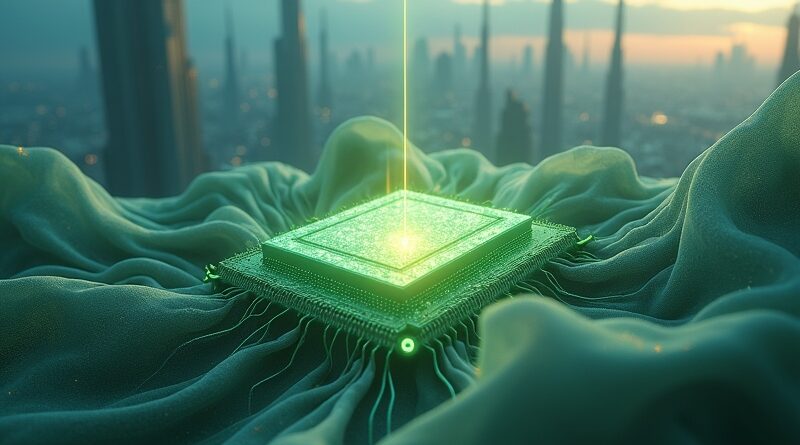 Mikrochip spowity jedwabiem z chińskimi motywami, na tle futurystycznego miasta, symbol zależności AI od krzemu.