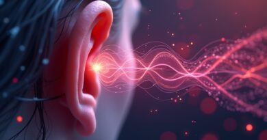 Ucho przechodzące w fale dźwiękowe transformujące się w dane cyfrowe, magenta, AI Deutsche Telekom.