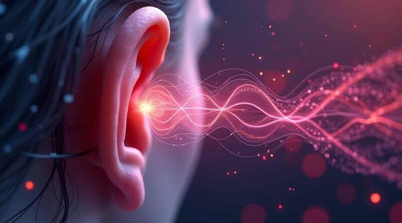 Ucho przechodzące w fale dźwiękowe transformujące się w dane cyfrowe, magenta, AI Deutsche Telekom.