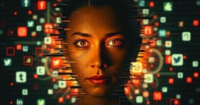 Zdeformowana twarz wyłaniająca się z rozpikselowanego ekranu, symbolizująca dezinformację generowaną przez AI po strzelaninie w Minneapolis.