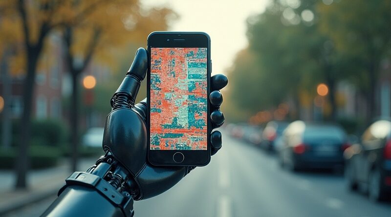 Zglitchowany ekran DoorDash na tle ulicy, trzymany przez robotyczną dłoń, symbolizuje oszustwo AI w dostawach.