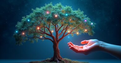 Drzewo z kodu rozświetla cyfrowe niebo. Aplikacje jak owoce, ręce troskliwie pielęgnują.