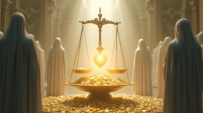 Eteryczny sąd: waga sprawiedliwości z sercem i złotem, spór Muska z OpenAI.