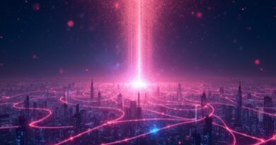 Abstrakcyjna wizualizacja vibe-codingu Emergent: świecące sieci neuronowe w eterycznym mieście, otoczone nebulą kodu.