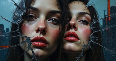 Rozbite lustro odbija zniekształcone twarze kobiet, kody cyfrowe i logo X symbolizują deepfake'i generowane przez AI.