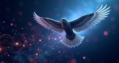 Abstrakcyjny sokół przecina futurystyczny pejzaż sieci neuronowej, symbolizując Falcon-H1R-7B, model o przełomowym rozumowaniu.