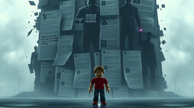 Zniekształcony awatar dziecka z Roblox stoi przed cyfrową ścianą z fragmentami mediów społecznościowych i twarzami.