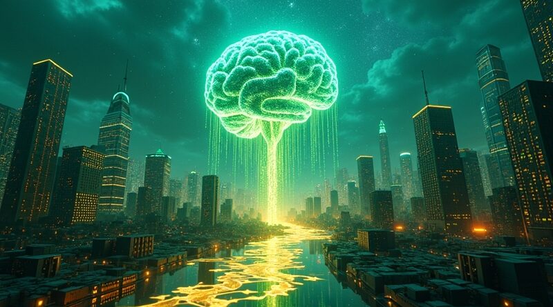 Neonowa metropolia z obwodów drukowanych, mózg AI pulsujący światłem, symbolizujący finansowy wyścig w sztucznej inteligencji.