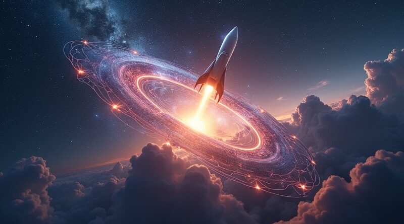 Fuzja rakiety SpaceX z siecią neuronową xAI, symbolizująca konsolidację imperium Muska.