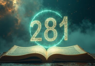 Surrealistyczny krajobraz: pierwiastek z 281 nad księgą, dane, sylwetki naukowców, złoto-fioletowa nebula niezliczonych równań.