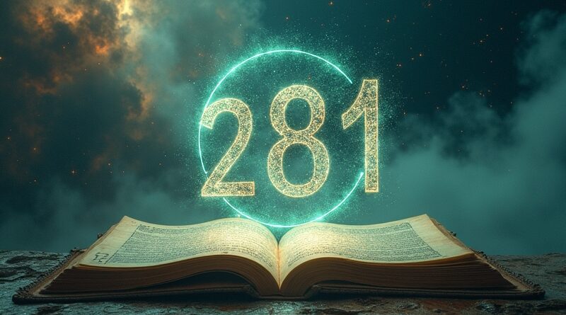 Surrealistyczny krajobraz: pierwiastek z 281 nad księgą, dane, sylwetki naukowców, złoto-fioletowa nebula niezliczonych równań.