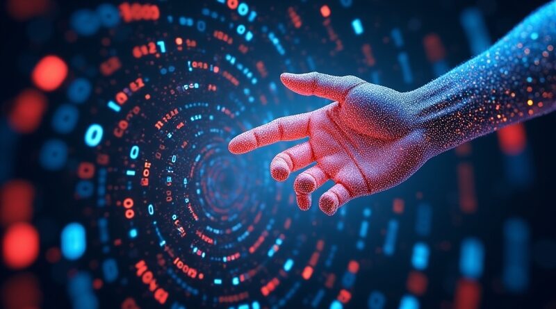 Abstrakcyjna dłoń z kodu łączy się ze schematem architektury oprogramowania; ilustracja możliwości Copilot SDK.