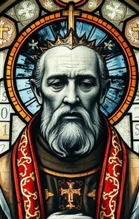 Zdefragmentowany witraż duchownego zakłócony binarnym kodem, symbolizujący AI podszywające się pod religię.