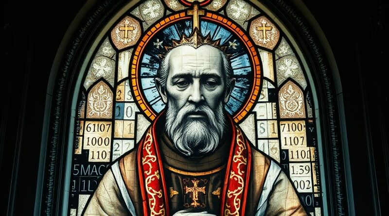 Zdefragmentowany witraż duchownego zakłócony binarnym kodem, symbolizujący AI podszywające się pod religię.