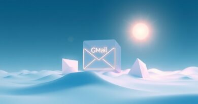 Minimalistyczna wizja Gmaila z AI Gemini: geometryczne e-maile, azure tło. Spokój i efektywność.