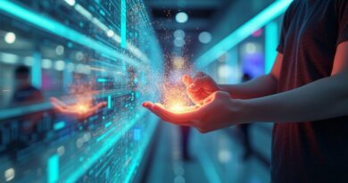 Surrealistyczna wizja przyszłości zakupów AI: holograficzne produkty, płatności strumieniami danych, elektryzująca kolorystyka.