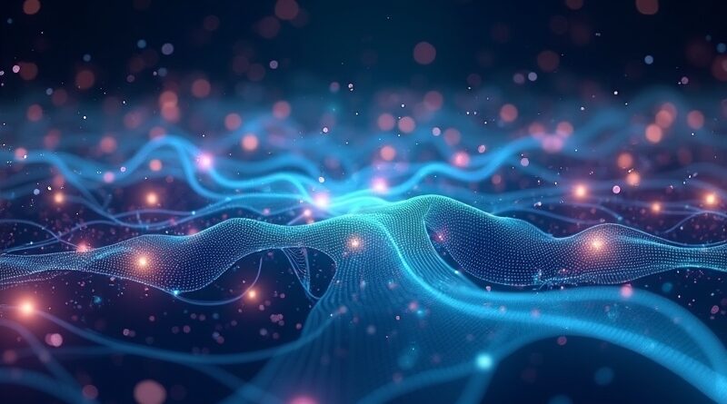 Abstrakcyjne, futurystyczne wizualizacja sieci D4RT: dynamiczna rekonstrukcja przestrzeni 3D w czasie, kolory: błękit, fiolet, zieleń.