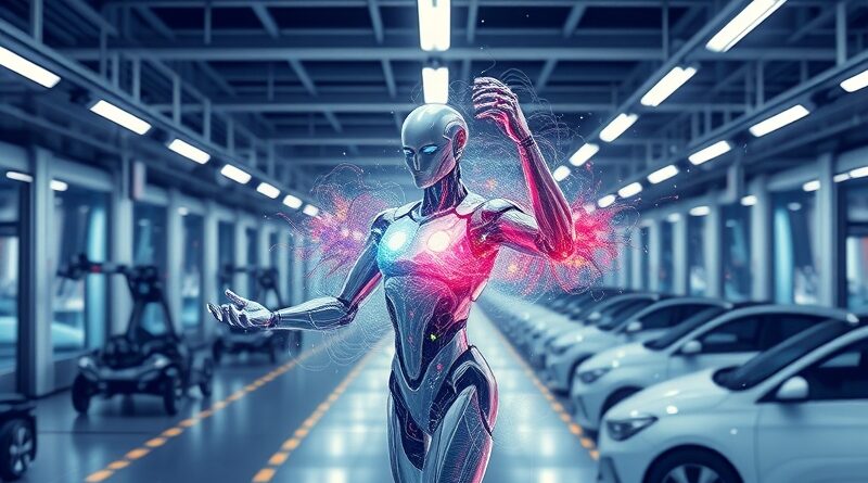 Abstrakcyjne połączenie robota Atlas i AI Gemini na tle futurystycznej fabryki Hyundaia.