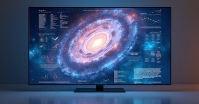 Futurystyczny ekran Google TV z AI Gemini wyświetlający wirującą galaktykę danych, symbolizującą ewolucję telewizji.