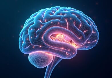 Abstrakcyjna wizualizacja 3D: model MedGemma 1.5 analizuje mózg, przełom w medycznym AI od Google.