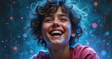 Śmiejąca się osoba stopiona z klasycznym portretem i cyfrowym memem na tle kodu binarnego.