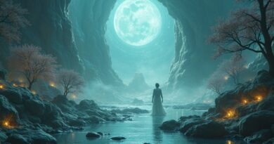 Mistyczny świat generowany z cyfrowego pyłu. Błękity, purpury i luminescencyjna zieleń tworzą surrealistyczną, futurystyczną scenerię.