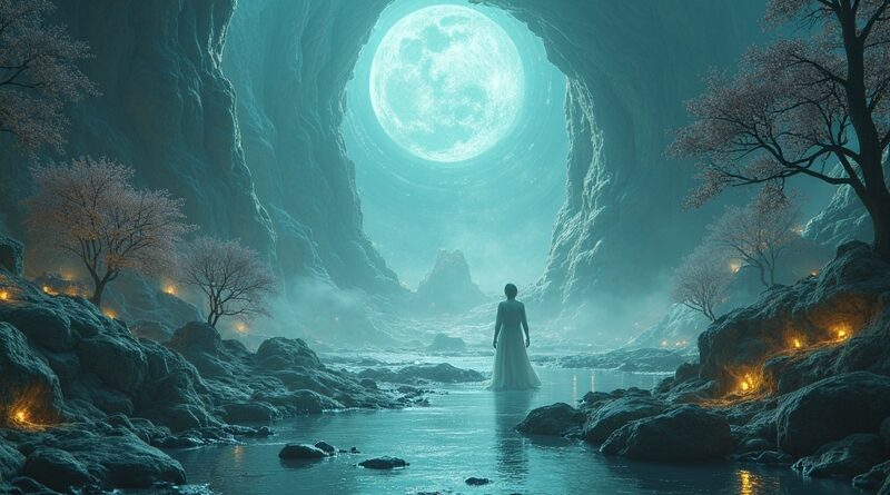 Mistyczny świat generowany z cyfrowego pyłu. Błękity, purpury i luminescencyjna zieleń tworzą surrealistyczną, futurystyczną scenerię.