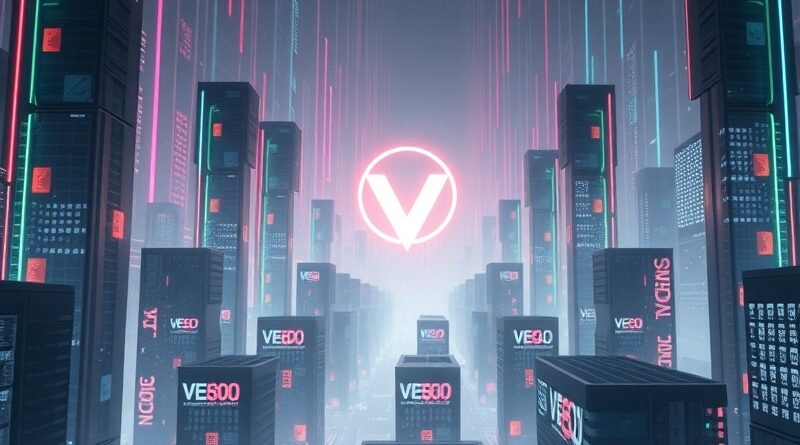 Futurystyczny cityscape z wertykalnymi strumieniami wideo i logo "V", symbolizujący Google Veo 3.1.