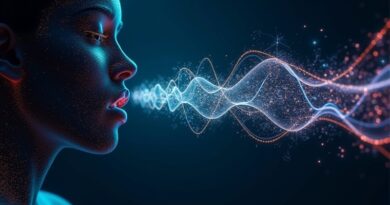 Abstrakcyjne przedstawienie klonowania głosu przez AI: bioluminescencyjna fala dźwiękowa przechodząca w cyfrową sieć.