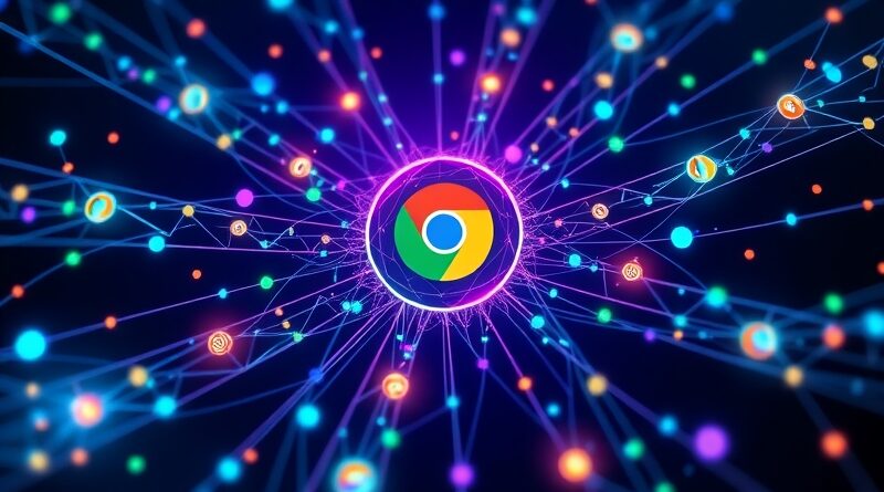 Abstrakcyjna sieć danych, ścieżek i ikon Chrome zbiegająca się w świetlistą kulę Gemini AI.