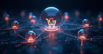 Futurystyczna sieć orb symbolizujących e-commerce, z logo Google w wózku na zakupy.