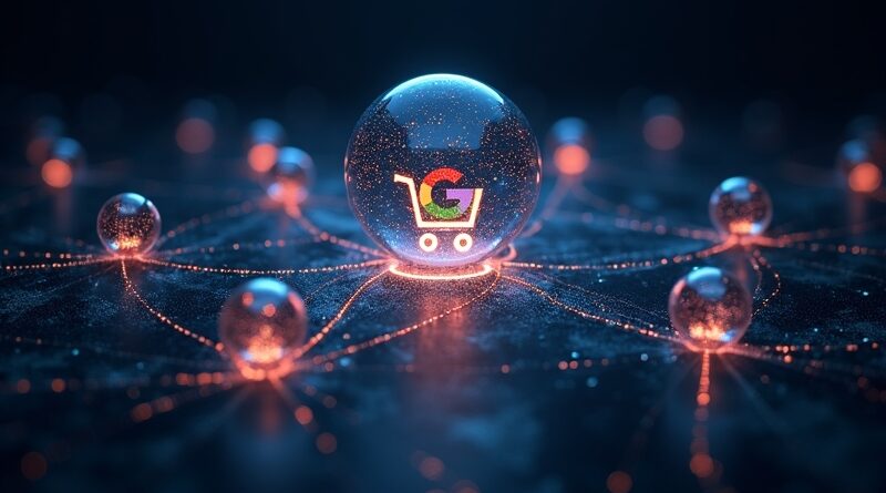 Futurystyczna sieć orb symbolizujących e-commerce, z logo Google w wózku na zakupy.