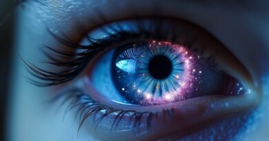 Kosmiczne oko z rozpadającą się źrenicą. Metafora błędu AI w medycznych wynikach wyszukiwania Google.