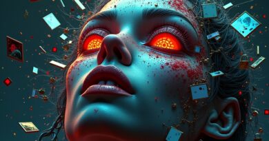 Roztrzaskane ekrany tworzące groźną, cyfrową twarz otoczoną złotymi łańcuchami symbolizującymi płatny dostęp. Iskrzące się krawędzie.