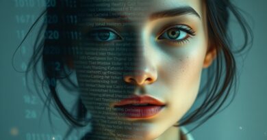 Kobieta w cyfrowej aurze, symbole religijne, manipulacja tożsamością. Eteryczny portret w kontekście kontrowersji Grok xAI.