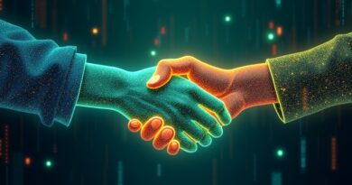 Luminous handshake formed from data streams against a backdrop of neural networks and code.