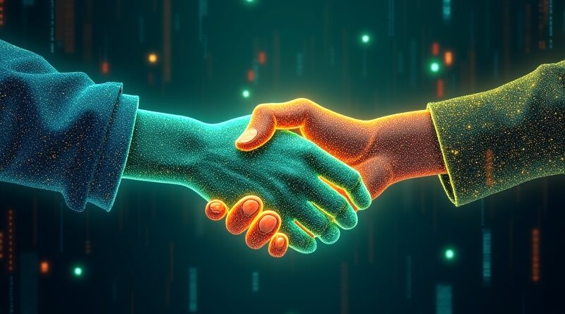 Luminous handshake formed from data streams against a backdrop of neural networks and code.