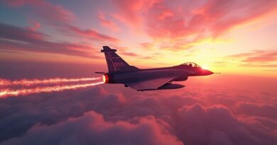 Rafale przecina niebo wschodzące słońce, symbolika AI, pokoju i globalnego zasięgu Harmattan AI.