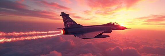 Rafale przecina niebo wschodzące słońce, symbolika AI, pokoju i globalnego zasięgu Harmattan AI.