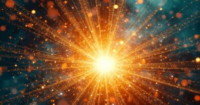 Cyfrowy wir danych przekształca się w klatki wideo, złoty bozon Higgsa symbolizuje wzrost Higgsfield, tło: marketingowcy i kontrowersyjne postacie.