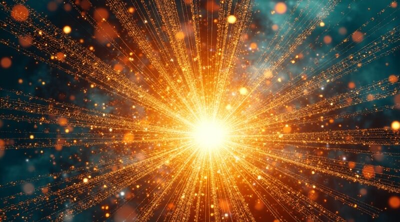 Cyfrowy wir danych przekształca się w klatki wideo, złoty bozon Higgsa symbolizuje wzrost Higgsfield, tło: marketingowcy i kontrowersyjne postacie.